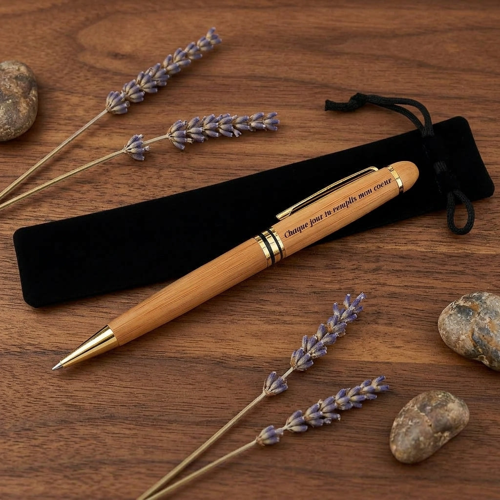 Stylo en bois aux finitions dorées gravé « Chaque jour tu remplis mon cœur », posé sur son étui en suédine noir – Weastyle Gravure