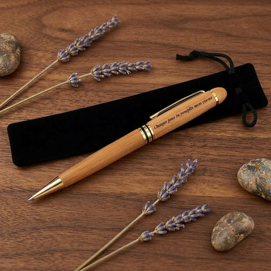 Stylo en bois aux finitions dorées gravé « Chaque jour tu remplis mon cœur », posé sur son étui en suédine noir – Weastyle Gravure