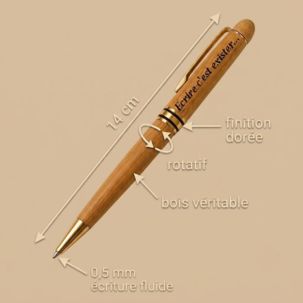 Stylo en bois doré de 14 cm gravé « Ecrire c'est exister… » : mécanisme rotatif, finitions dorées, pointe 0,5 mm – Weastyle Gravure