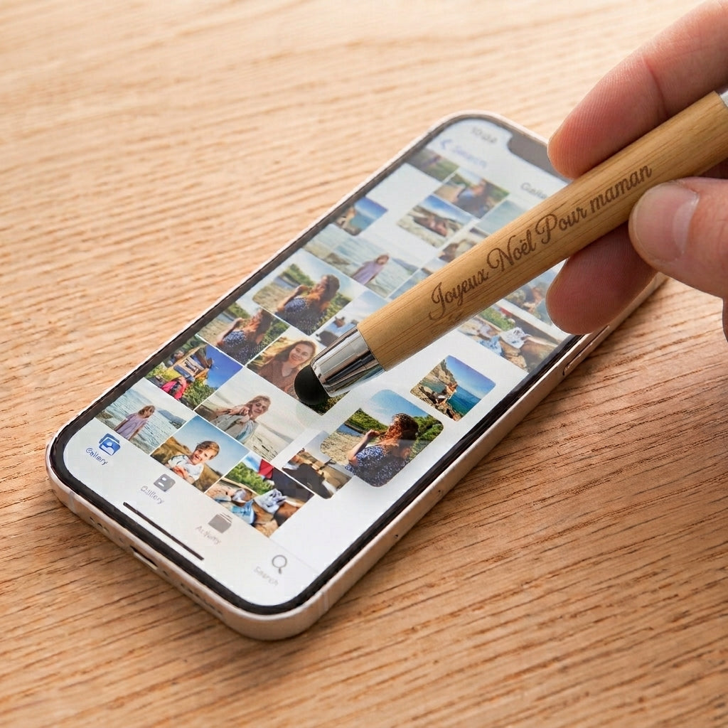 Stylo en bambou gravé « Joyeux Noël Pour maman » utilisé avec son embout tactile sur un smartphone – Weastyle Gravure