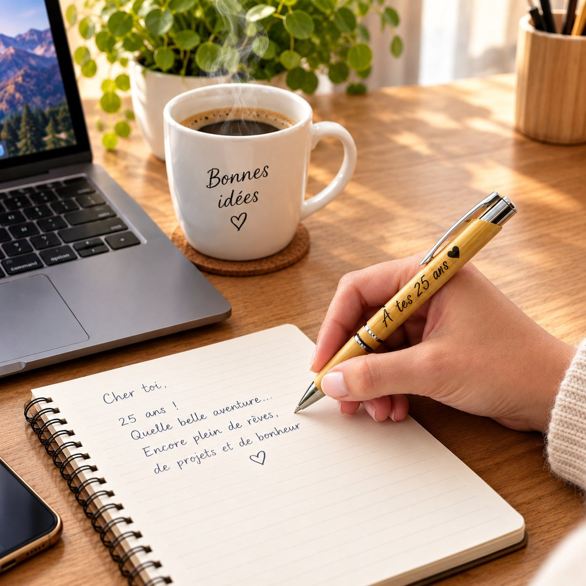 Main qui écrit un message d'anniversaire dans un carnet avec un stylo en bambou gravé « À tes 25 ans » – Weastyle Gravure