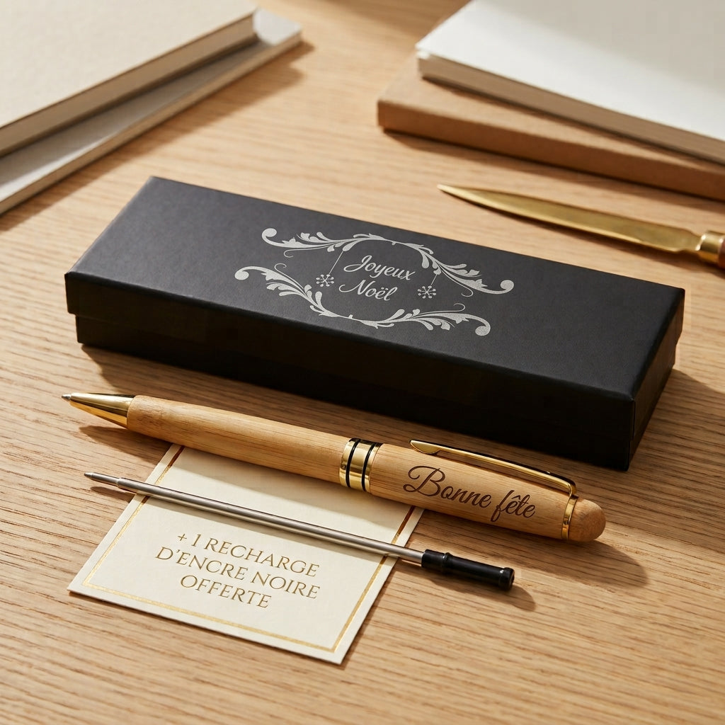 Stylo en bambou gravé « Bonne fête », coffret noir gravé « Joyeux Noël » et recharge offerte – Weastyle Gravure