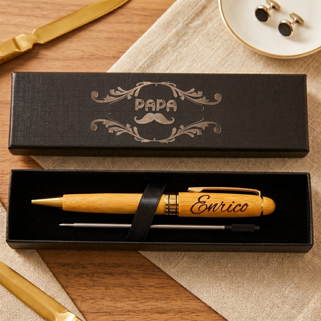 Stylo en bambou gravé « Enrico » dans son coffret noir ouvert, couvercle gravé « Papa » avec moustache – Weastyle Gravure