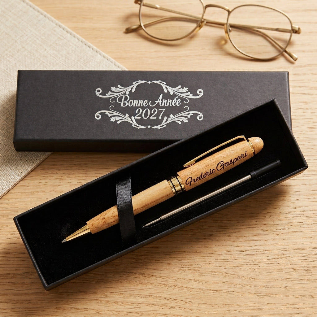 Stylo en bambou gravé « Frederic Gaspari » dans son coffret noir gravé « Bonne Année 2027 » – Weastyle Gravure