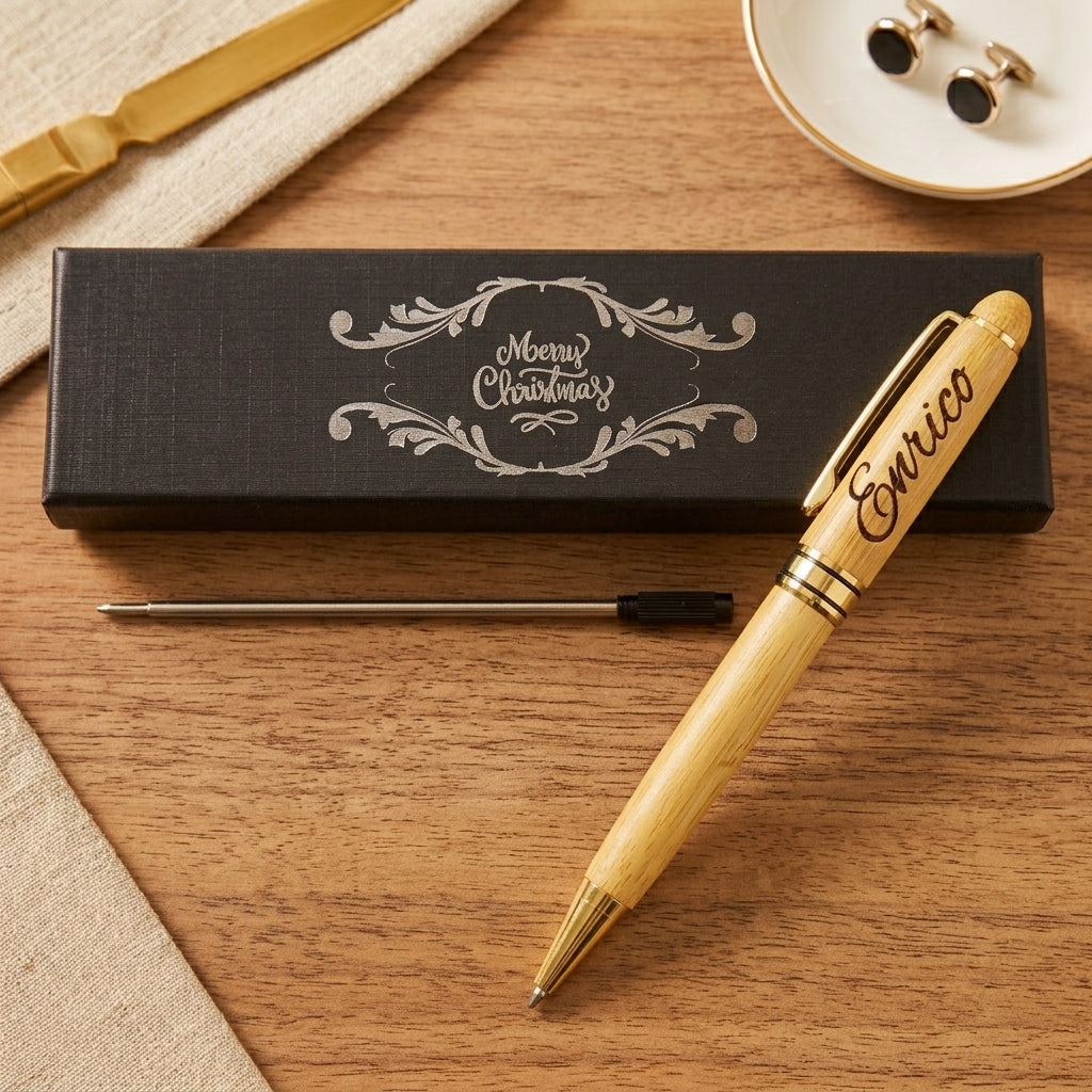 Stylo en bambou gravé « Enrico » et coffret noir gravé « Merry Christmas » – Weastyle Gravure