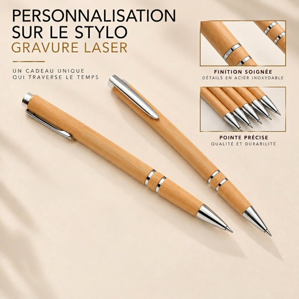 Deux stylos en bambou à finitions en acier, avec gros plans sur les bagues et la pointe – Weastyle Gravure