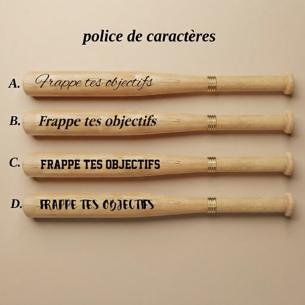 Quatre stylos batte de baseball en bois gravés « Frappe tes objectifs » dans quatre polices de caractères différentes – Weastyle Gravure