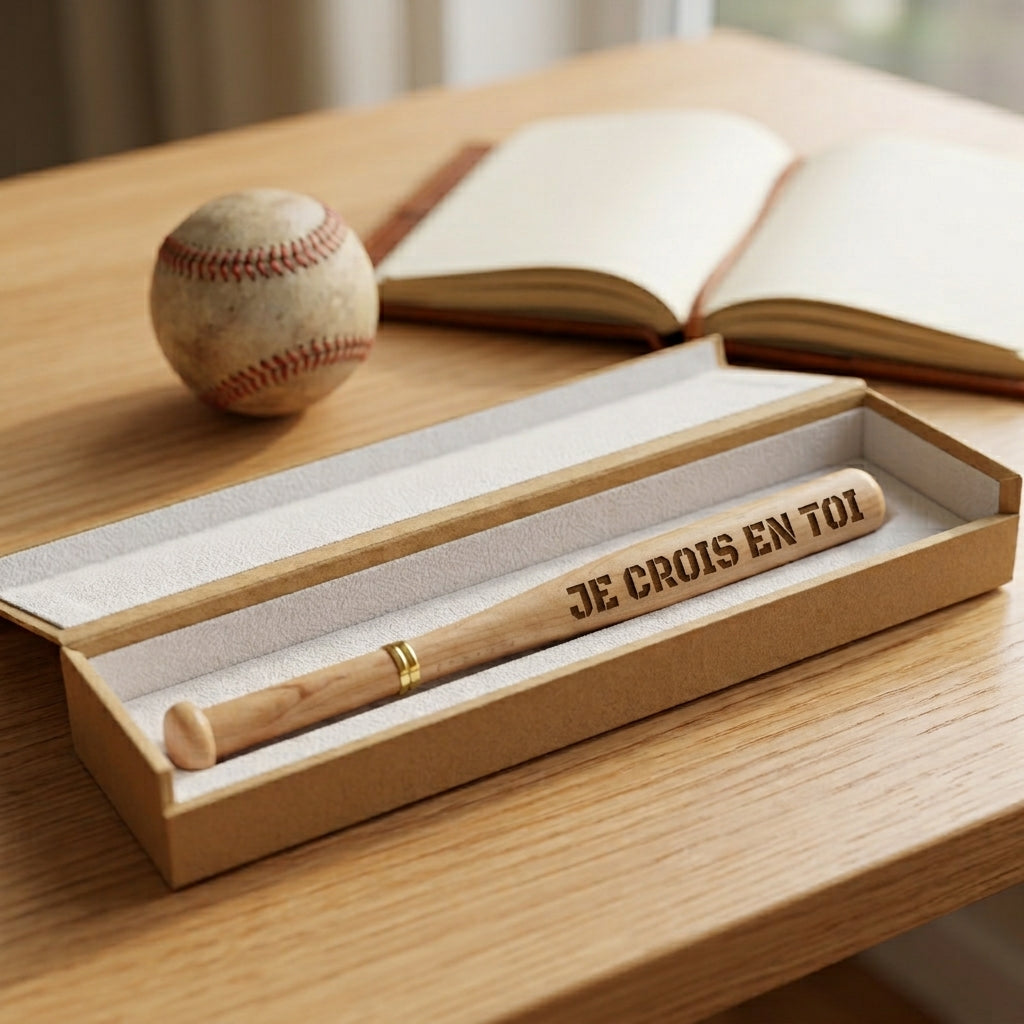 Stylo batte de baseball en bois gravé « Je crois en toi » dans son coffret ouvert à support en mousse blanche, à côté d'une balle de baseball – Weastyle Gravure