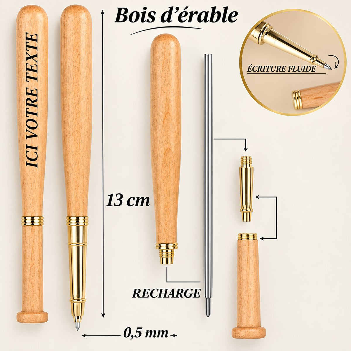Infographie du stylo batte de baseball en bois d'érable : 13 cm, pointe 0,5 mm, recharge, finitions dorées et zone de gravure – Weastyle Gravure