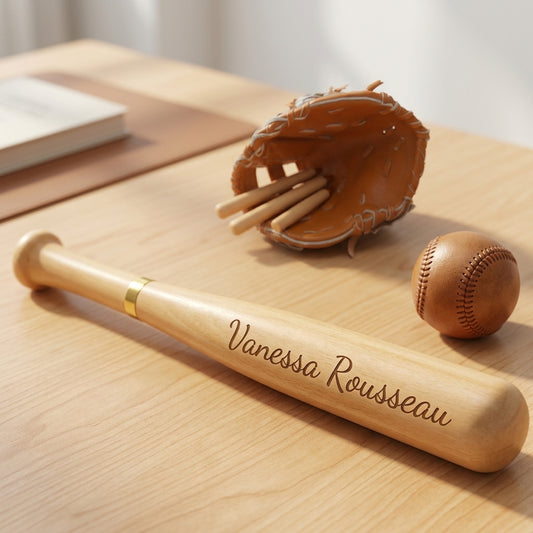 Stylo batte de baseball en bois d'érable gravé « Vanessa Rousseau » en lettres manuscrites, avec un gant et une balle de baseball sur un bureau – Weastyle Gravure