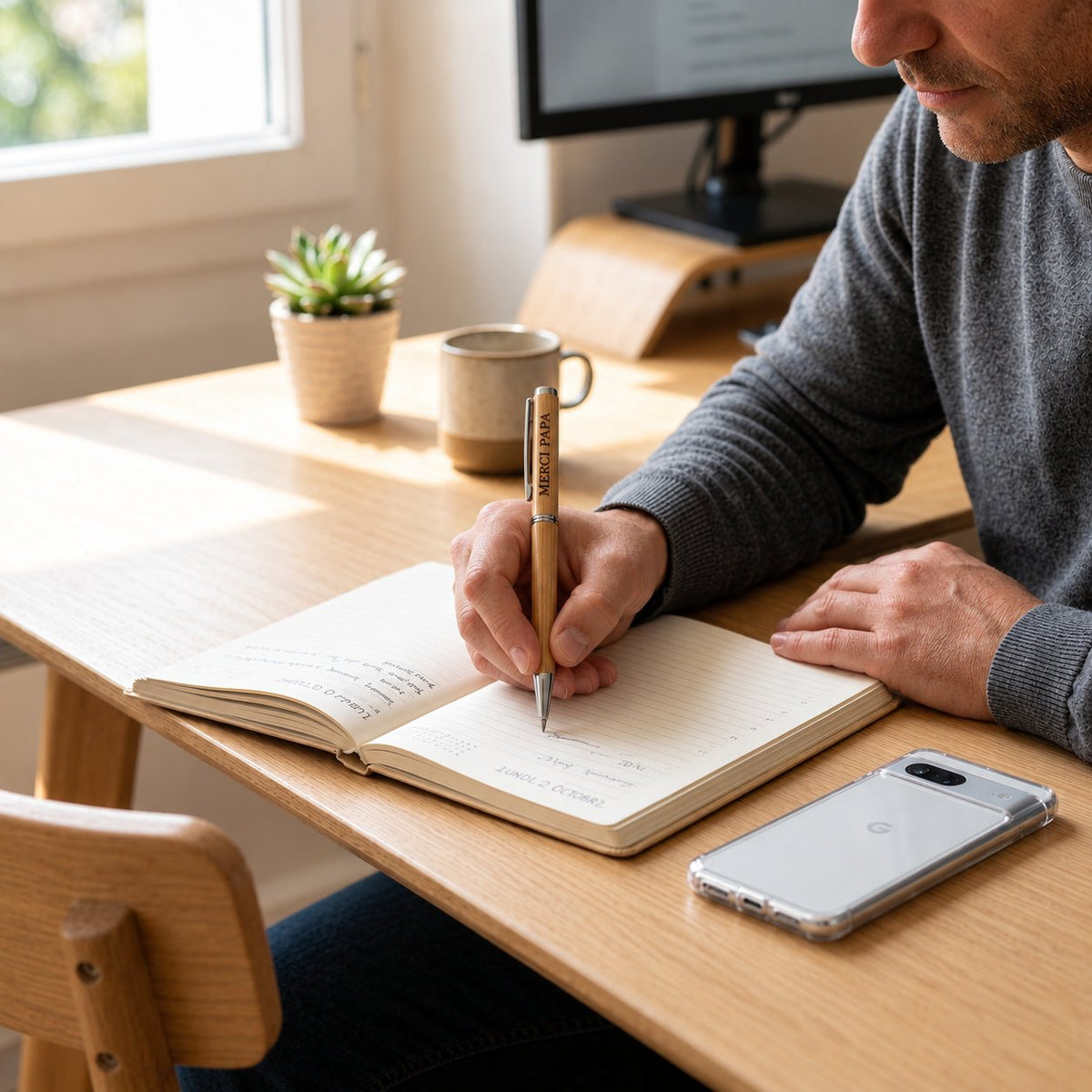 Homme qui écrit dans un agenda à son bureau avec un stylo en bois à clip acier gravé « Merci Papa » – Weastyle Gravure
