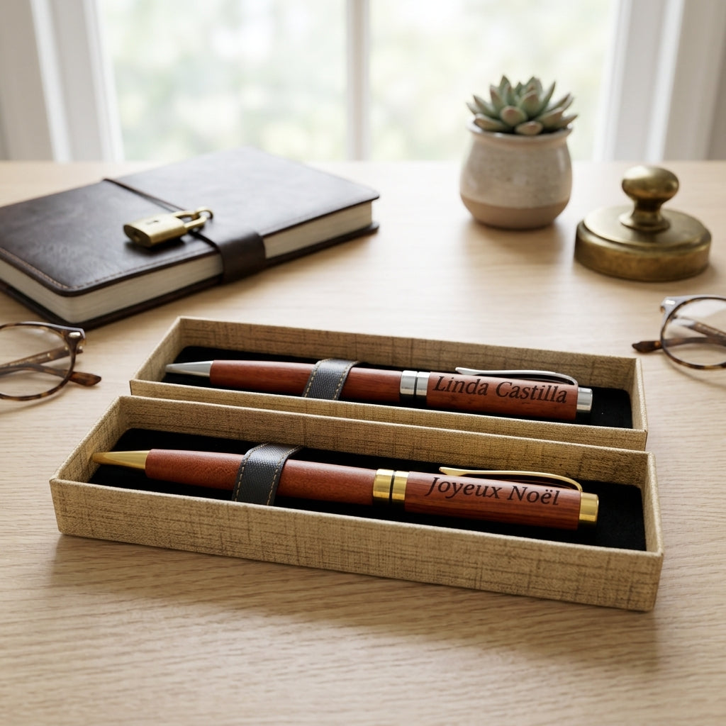 Deux coffrets ouverts : un stylo en bois massif à clip acier gravé « Linda Castilla » et un stylo à clip doré gravé « Joyeux Noël » – Weastyle Gravure