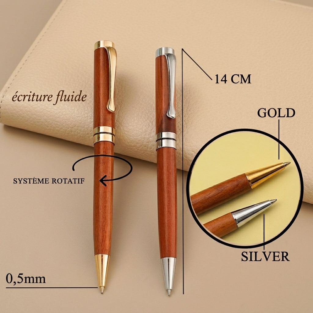 Deux stylos en bois massif, clip doré et clip acier, avec légendes : écriture fluide, système rotatif, 14 cm, pointe 0,5 mm – Weastyle Gravure
