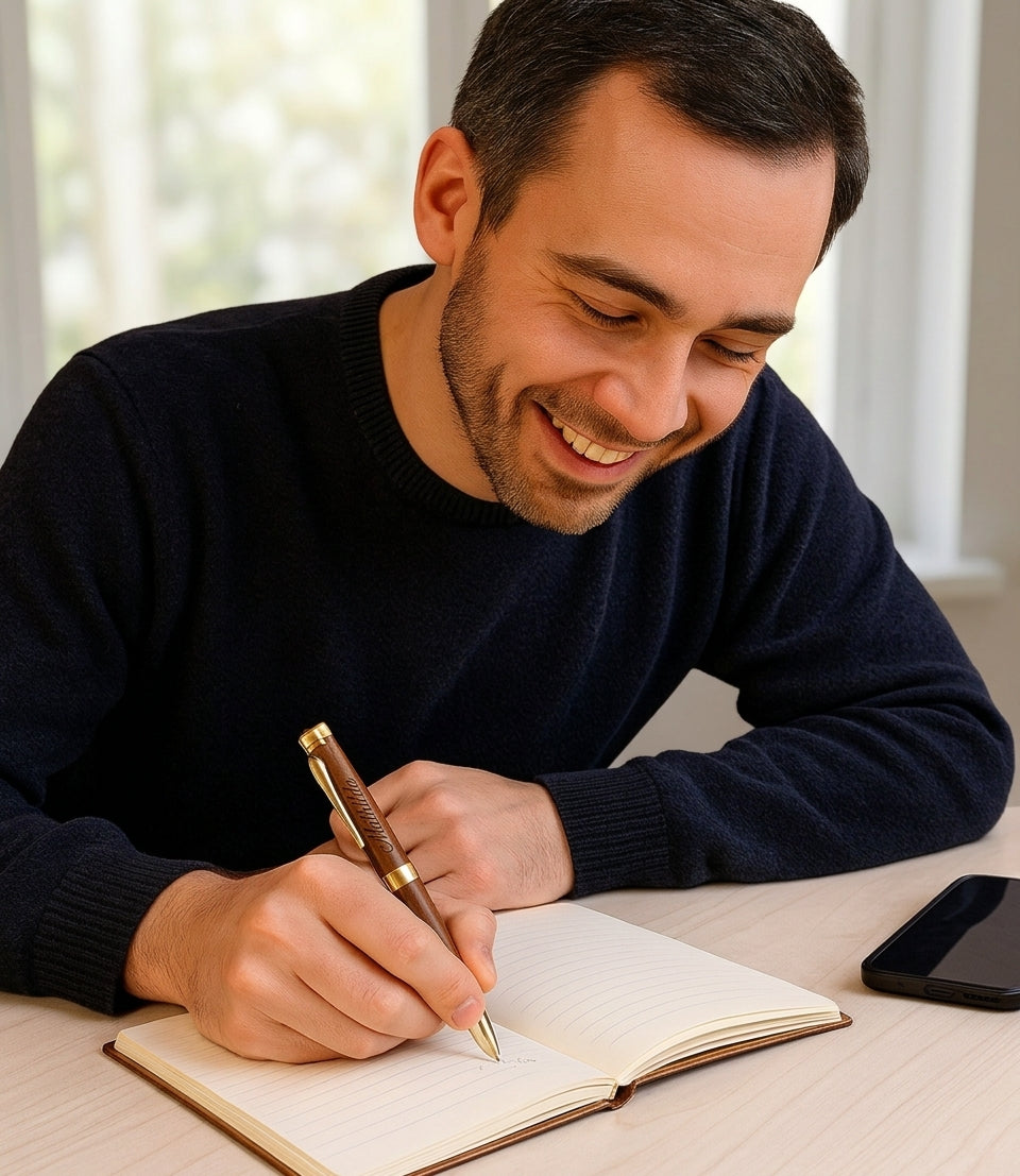 Homme souriant qui écrit dans un carnet avec un stylo en bois à finitions dorées gravé d'un prénom – Weastyle Gravure