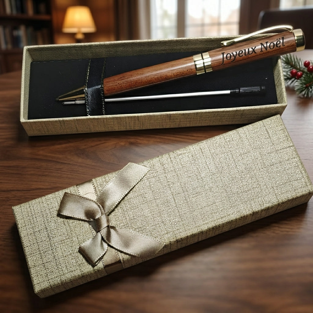 Stylo en bois massif gravé « Joyeux Noël » et sa recharge d'encre dans le coffret ouvert, couvercle à nœud satiné au premier plan – Weastyle Gravure