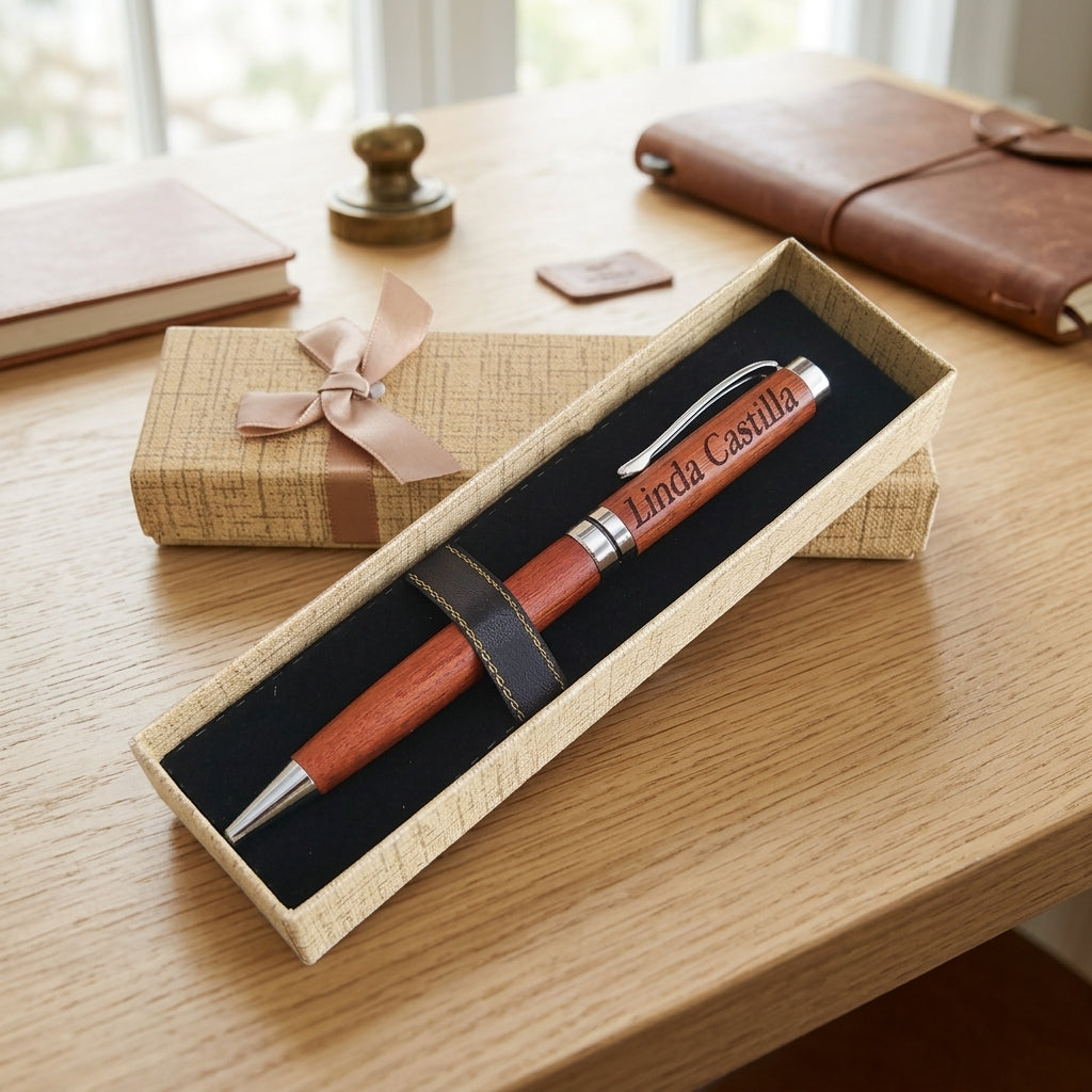 Stylo en bois massif gravé « Linda Castilla » dans son coffret beige texturé ouvert, avec le couvercle à nœud satiné derrière, sur un bureau en bois – Weastyle Gravure