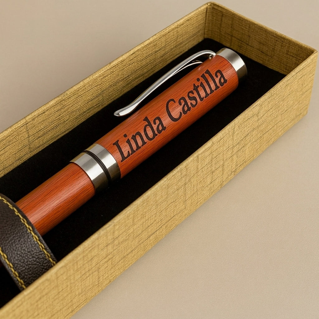 Gros plan sur un stylo en bois massif gravé « Linda Castilla » dans son coffret ouvert à intérieur noir – Weastyle Gravure