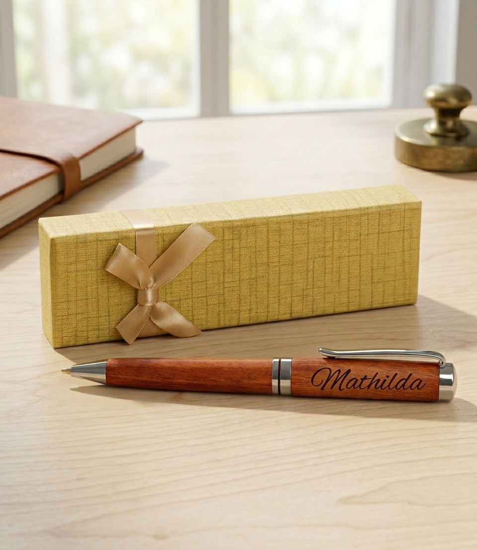 Stylo en bois massif gravé « Mathilda » posé devant un coffret texturé à nœud satiné, sur une table en bois – Weastyle Gravure