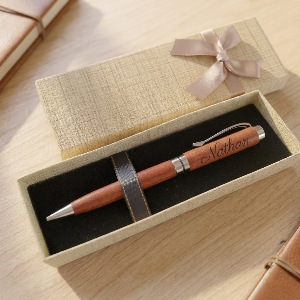 Stylo rotatif en bois massif gravé « Nathan » dans son coffret beige texturé ouvert, intérieur noir, avec le couvercle à nœud satiné posé à côté – Weastyle Gravure