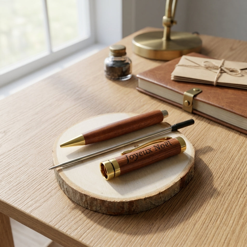 Stylo en bois massif à finitions dorées démonté sur une rondelle de bois, avec sa recharge d'encre, gravé « Joyeux Noël » – Weastyle Gravure
