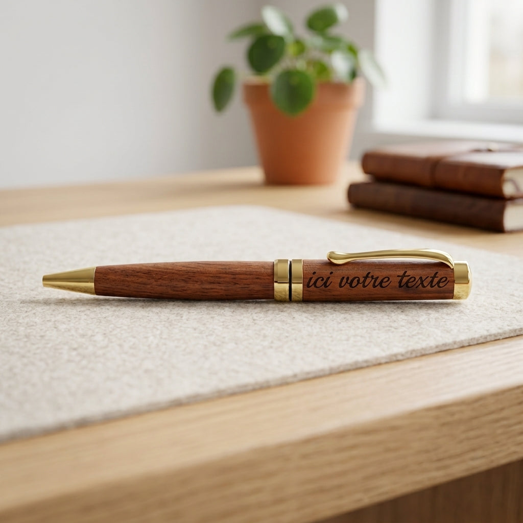 Stylo en bois rotatif à clip et embouts dorés, gravé « ici votre texte », posé sur un tapis de feutre beige – Weastyle Gravure