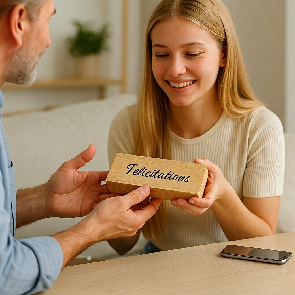 Un homme offre à une jeune femme souriante un coffret en bois gravé « Félicitations » – Weastyle Gravure