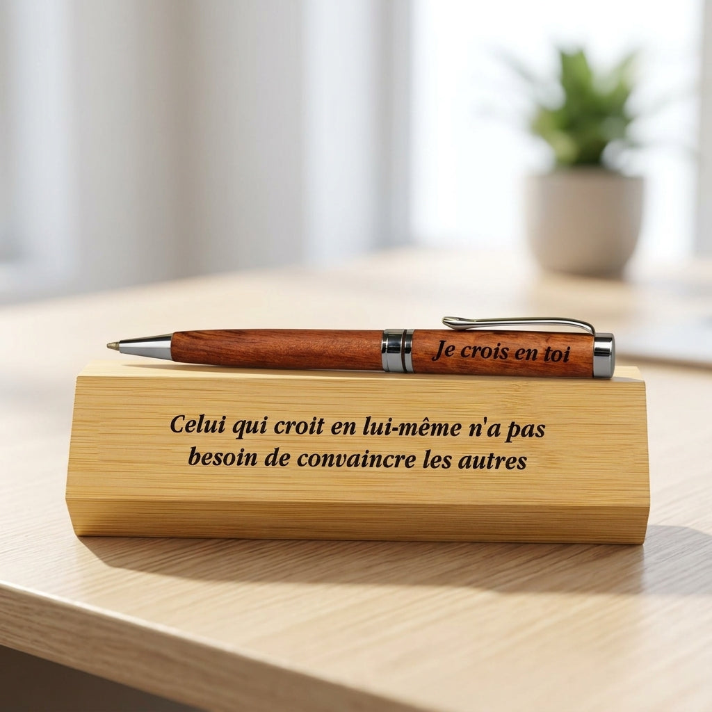 Stylo en bois rotatif gravé « Je crois en toi » posé sur un coffret gravé d'une citation – Weastyle Gravure