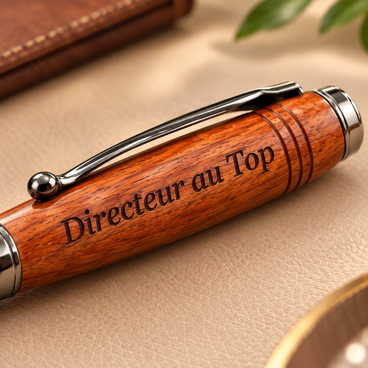 Gros plan sur le corps en bois d'un stylo rotatif gravé « Directeur au Top », avec son clip métal à bille – Weastyle Gravure
