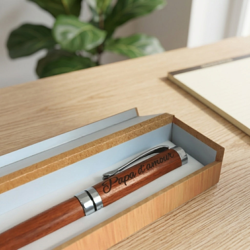 Stylo en bois rotatif gravé « Papa d'amour » dans son coffret ouvert à l'intérieur clair, sur une table en bois – Weastyle Gravure