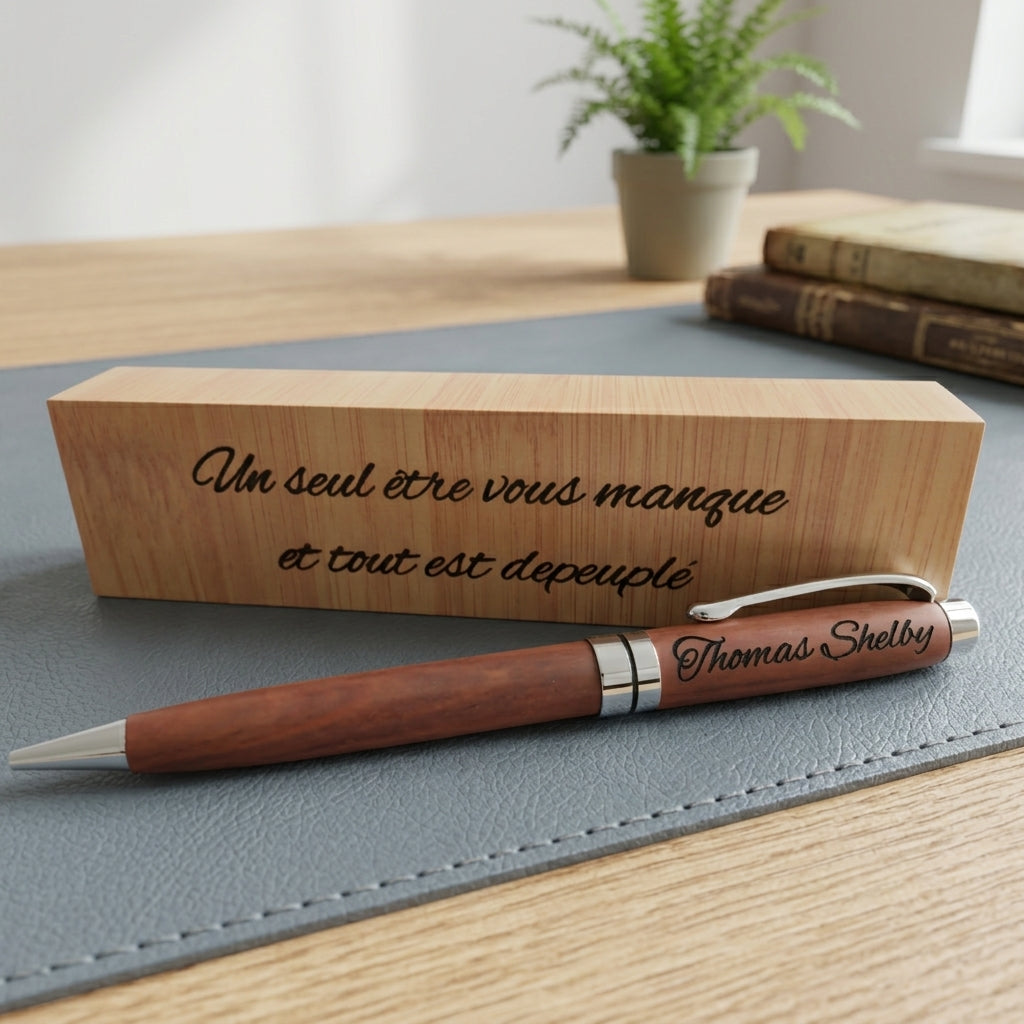 Coffret gravé du message « Un seul être vous manque et tout est dépeuplé » avec devant lui un stylo en bois rotatif gravé « Thomas Shelby », sur un sous-main gris – Weastyle Gravure