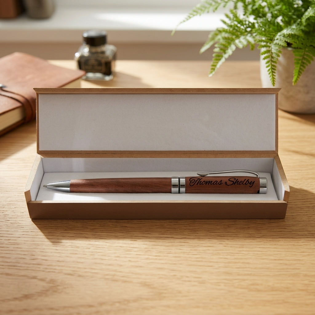 Stylo en bois rotatif gravé « Thomas Shelby » dans son coffret ouvert à l'intérieur blanc, posé sur une table en bois près d'un encrier – Weastyle Gravure