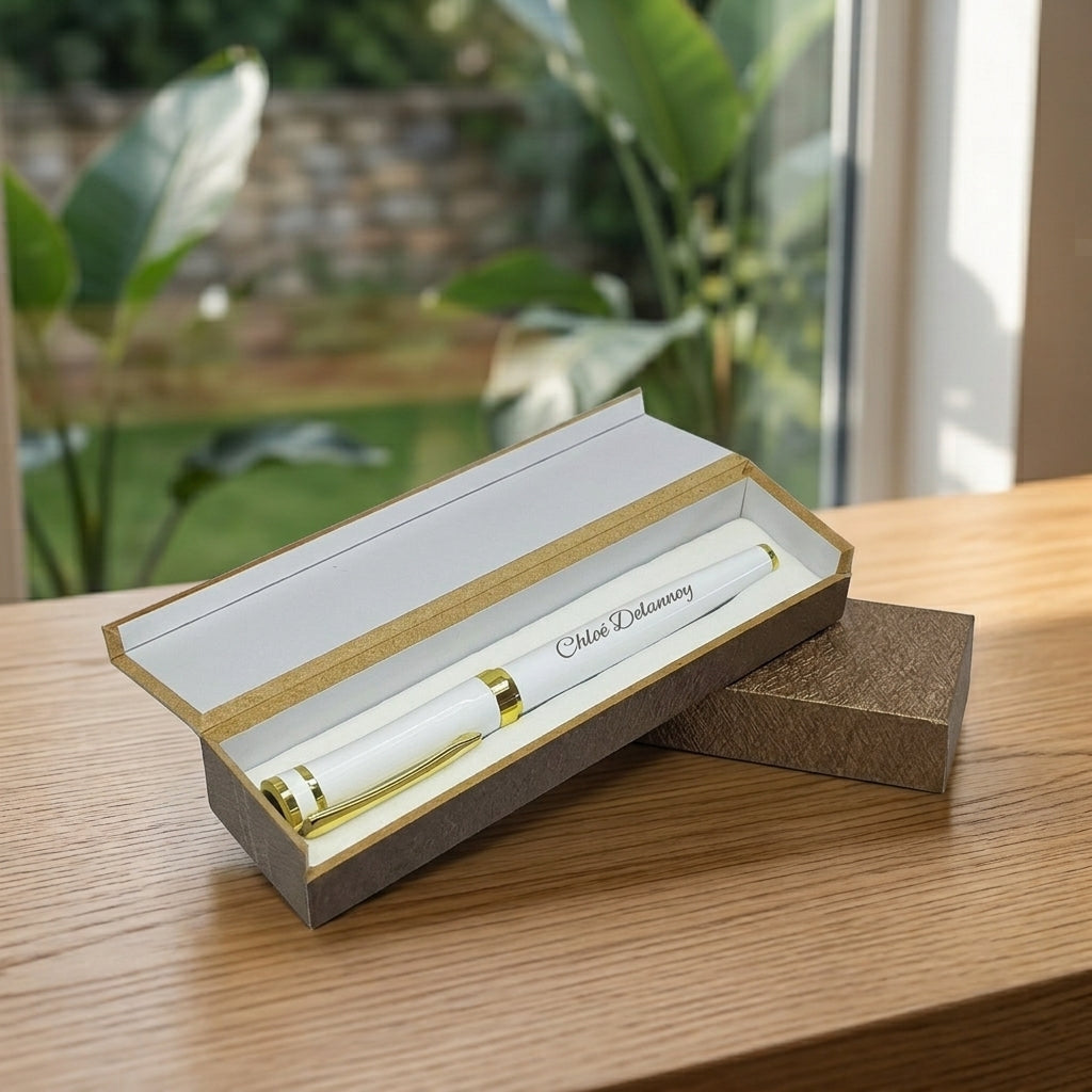Stylo en métal blanc et doré gravé « Chloé Delannoy » dans son coffret ouvert à intérieur clair, sur une table en bois devant une fenêtre – Weastyle Gravure