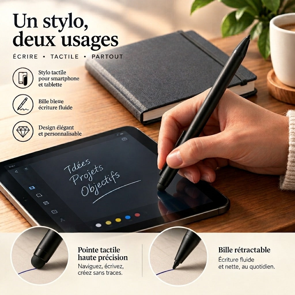 Stylo noir à embout tactile utilisé sur une tablette, gros plans de la pointe tactile et de la bille – Weastyle Gravure