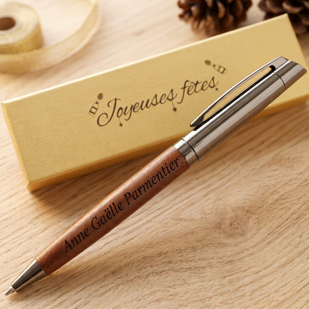 Stylo premium en bois et acier gun noir brillant gravé « Anne Gaëlle Parmentier », devant son coffret doré gravé « Joyeuses fêtes » – Weastyle Gravure