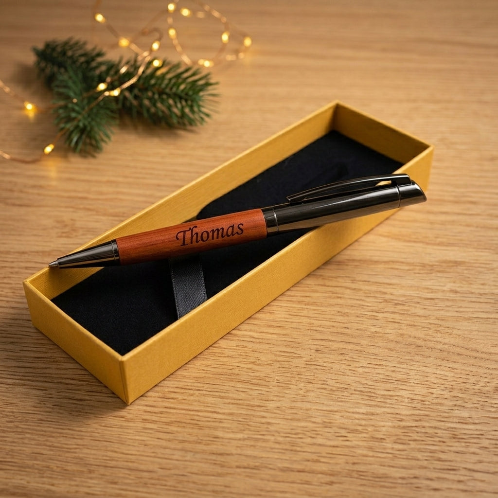 Stylo premium en bois gravé « Thomas » dans son coffret doré ouvert, intérieur noir – Weastyle Gravure