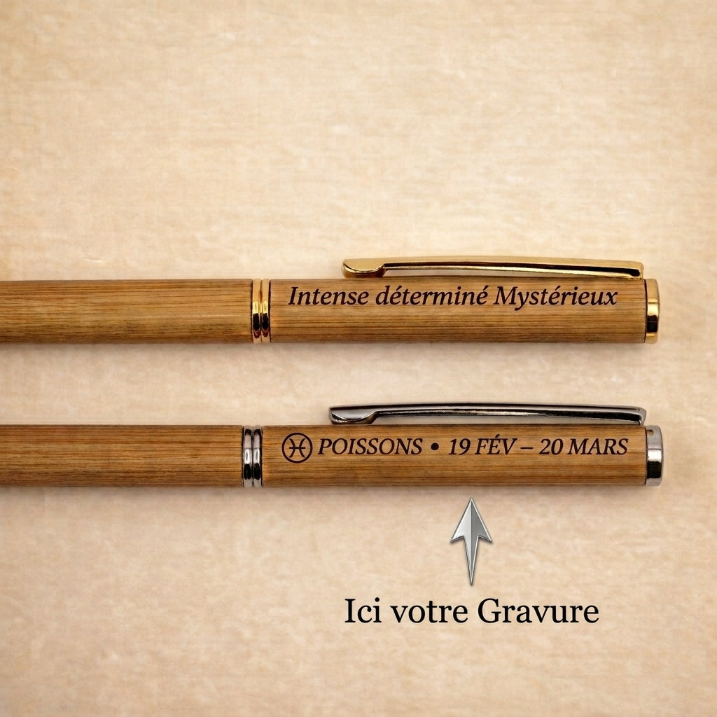Deux stylos gravés, l'un à clip doré « Intense, déterminé, Mystérieux », l'autre à clip métal « Poissons, 19 fév – 20 mars » – Weastyle Gravure