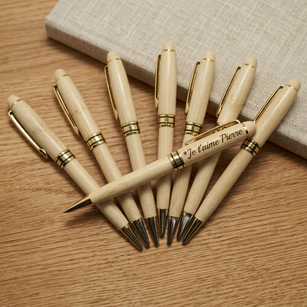 Stylos en bambou aux finitions dorées, dont un gravé « Je t'aime Pierre » – Weastyle Gravure