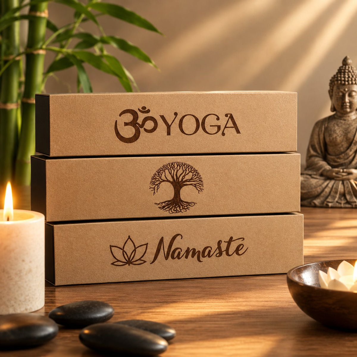 Trois coffrets kraft empilés, gravés « Om Yoga », arbre de vie et « Namaste », dans une ambiance zen – Weastyle Gravure